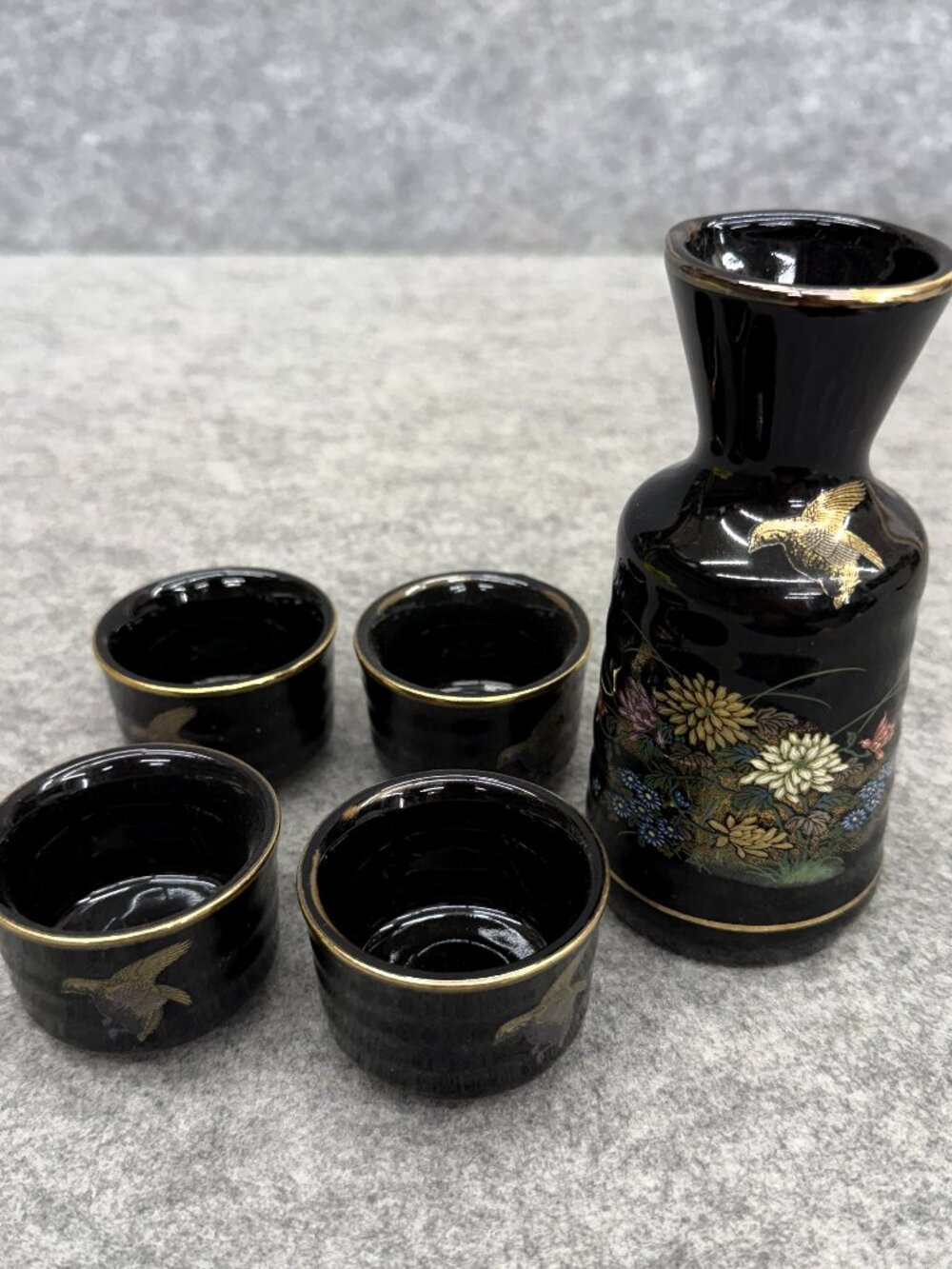 Vintage Japanese Porcelain Sake Set Black Gold Trim Pheasant & Chrysanthemum 5pc